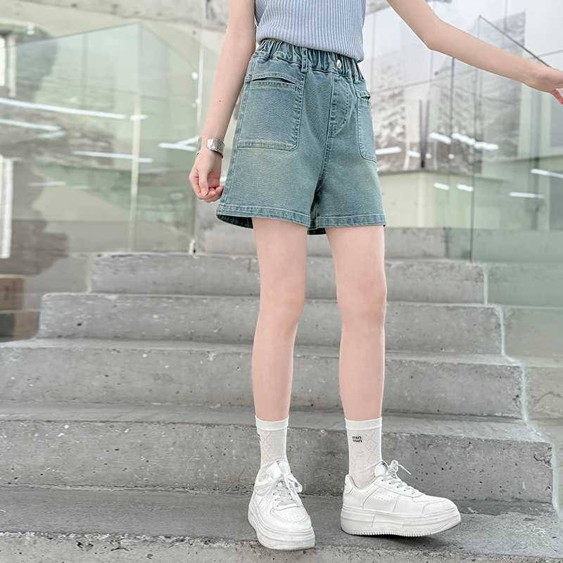 Girls summer front pocket design shorts 2025 new thin fashion jeans casual sports shorts 5-15 years oldC250617