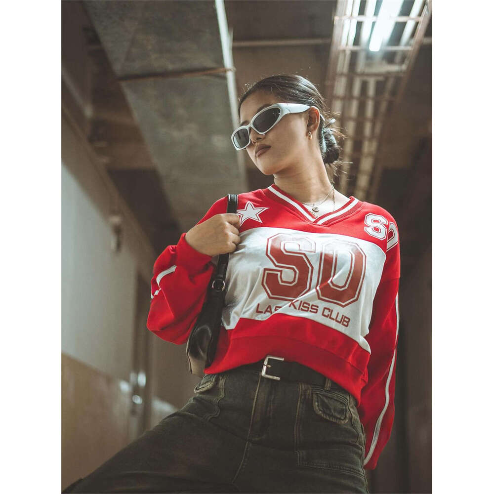 Autumn New Letter Print Sports Jersey Loose V-Neck Color Block Long Sleeve Top For Women B5