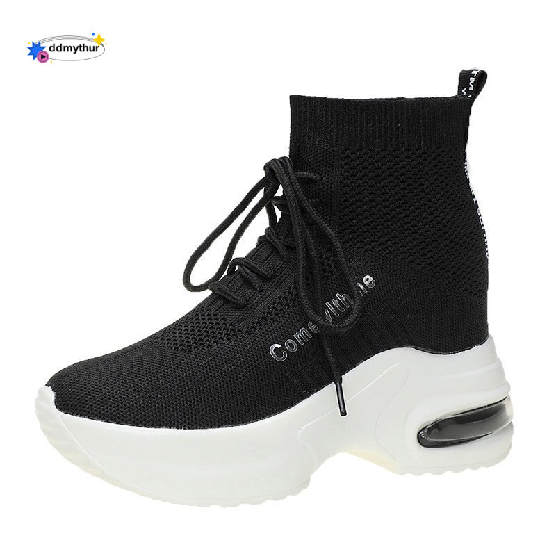High-top Elastic Sock for Women, Hidden Wedge Casual Sneakers, Sporty White Shoes ddmythur