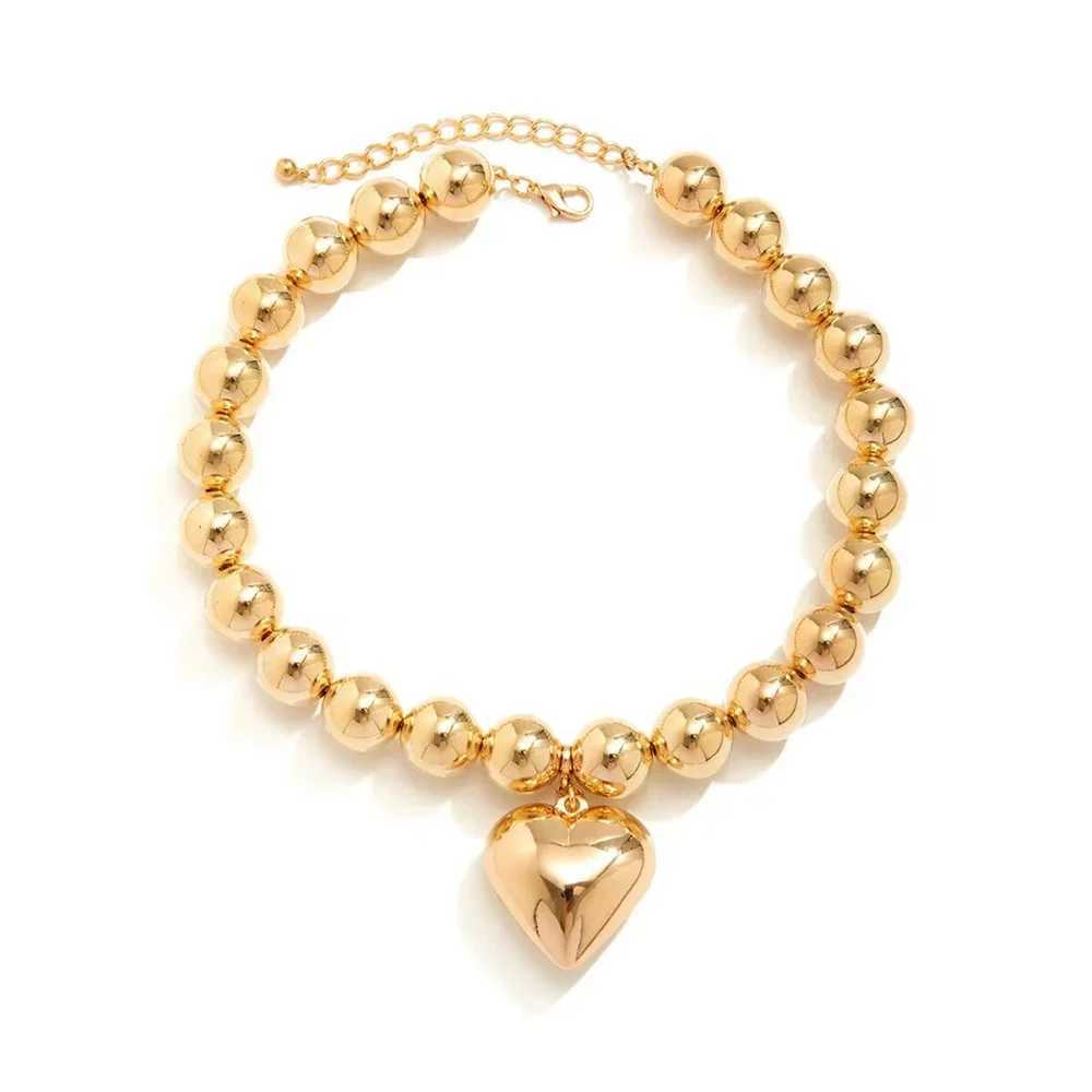 Boho Punk Silver-plate Big Bead Chain Heart Pendant Necklace For Women Vintage Fashion Female Baroque Hip Hop Choker Jewelry W250618