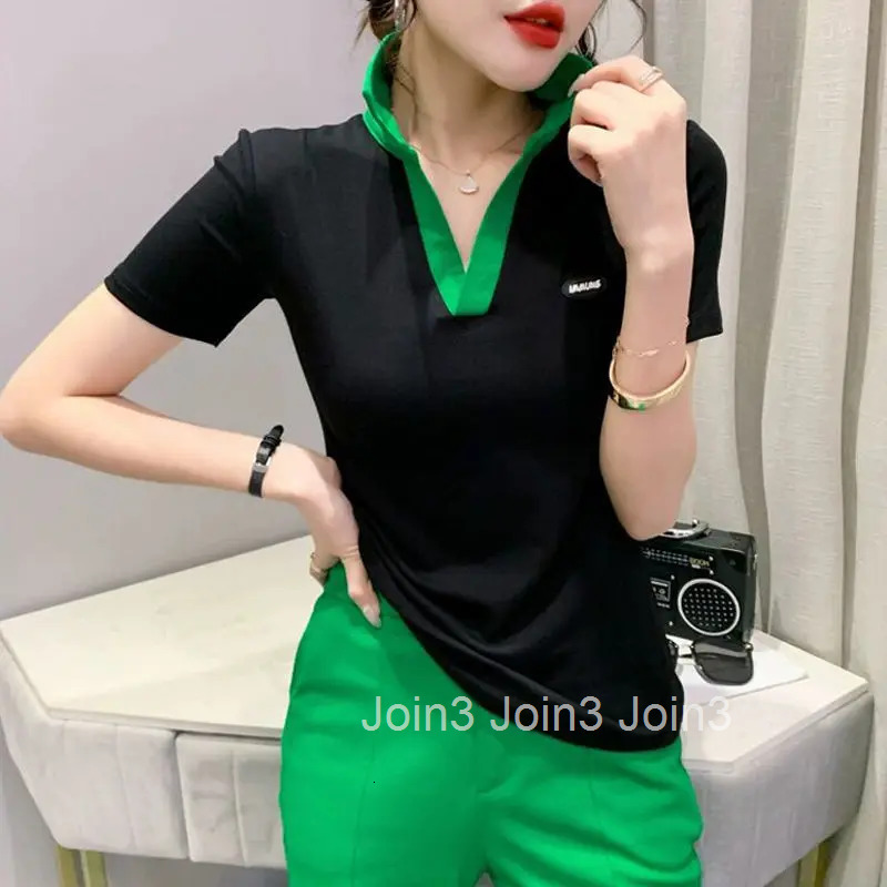 Womens T Shirts with Sleeves Top Plain Polo Neck Shirt White Clothes Youth Synthetic Cute Trend Y2k Fashion Luxury Cotton Sale