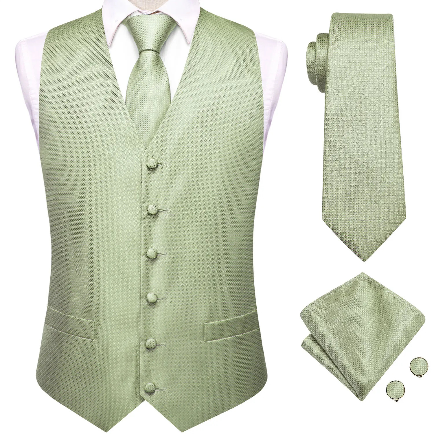 Hi-Tie Sage Green Solid Silk Mens Suit Vests 4PC Woven Waistcoat Tie Pocket Square Cufflinks Business Wedding Dress Waist Jacket 250614