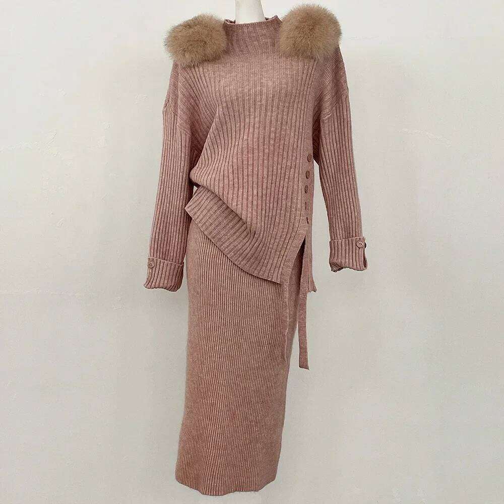 Pullover Set Women Split Fashion Knitted Spring Autumn Two Piece Long Sleeve Ladies Blouses Ruffle Pleated Skirts Real Fur Coat