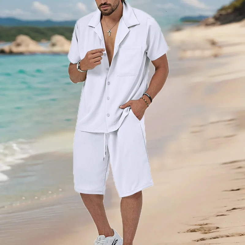 Mens 2Pcs Short Sleeve Shirt And Drawstring Shorts Set Casual Summer Outfit Lapel Button up Clothing Daily Wear 250617
