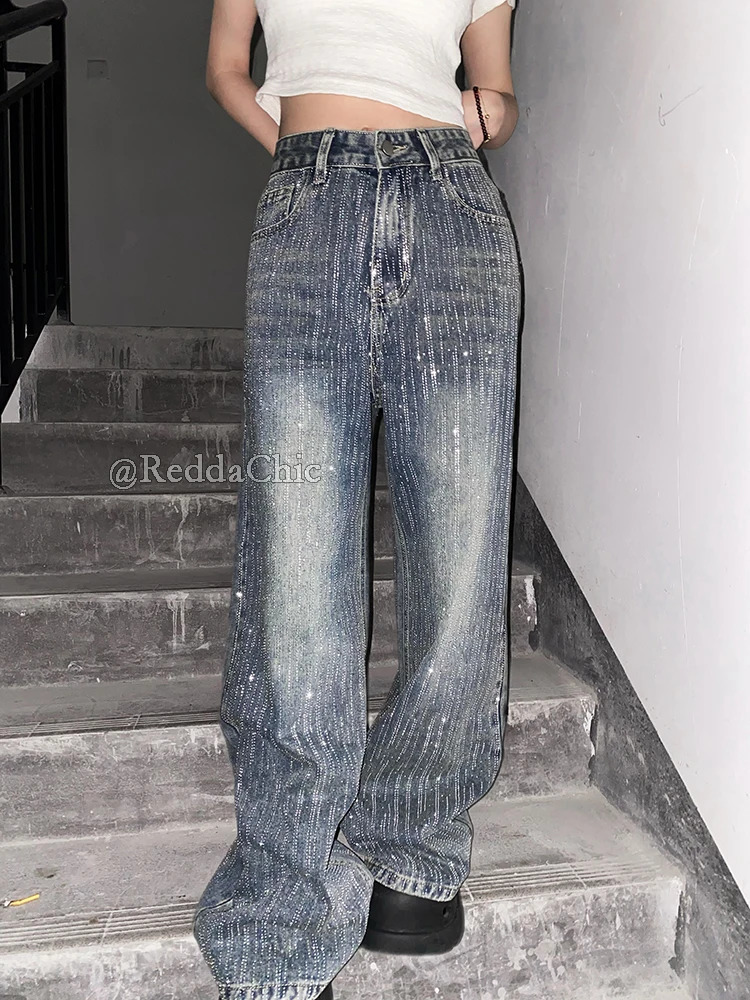 REDDACHiC Sparkly Rhinestone Baggy Jeans Y2k Retro Distressed Straight Wide Leg Casual Pants Concert Night Rave Women Streetwear 250617