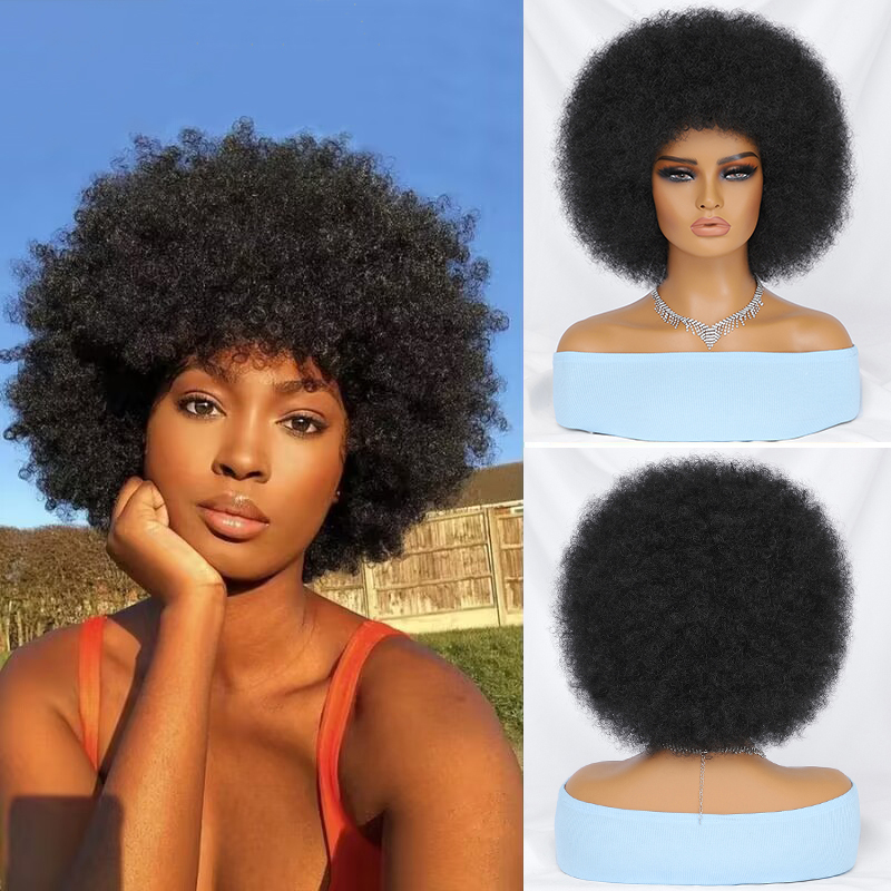 Fluffy Afro Synthetic Curly Short Glueless Chemical Fiber Wig for Black Women 10 Inches 13X4x1 Natural