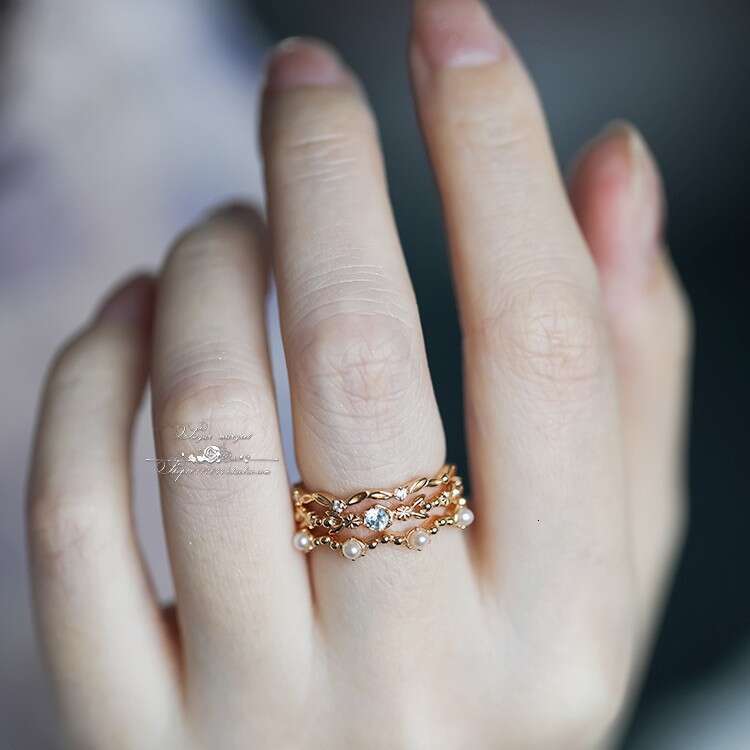Imitation Aquamarine Pearl Three-Piece for Women, Gold-Plated, Niche Style, Elegant and Luxurious Artistic Ring Set