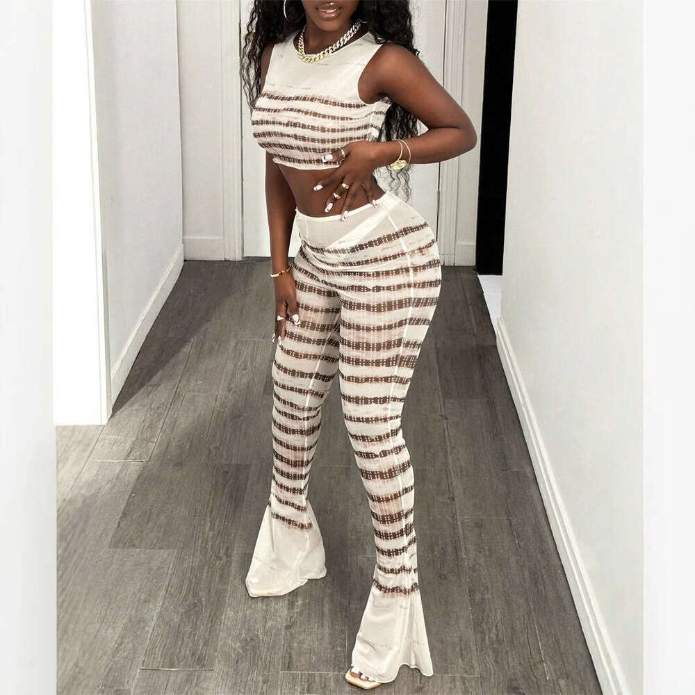 New Women's Fashion Sexy Hot Girl Sheer Mesh Printed Seamless Top Flared Pants Set B5