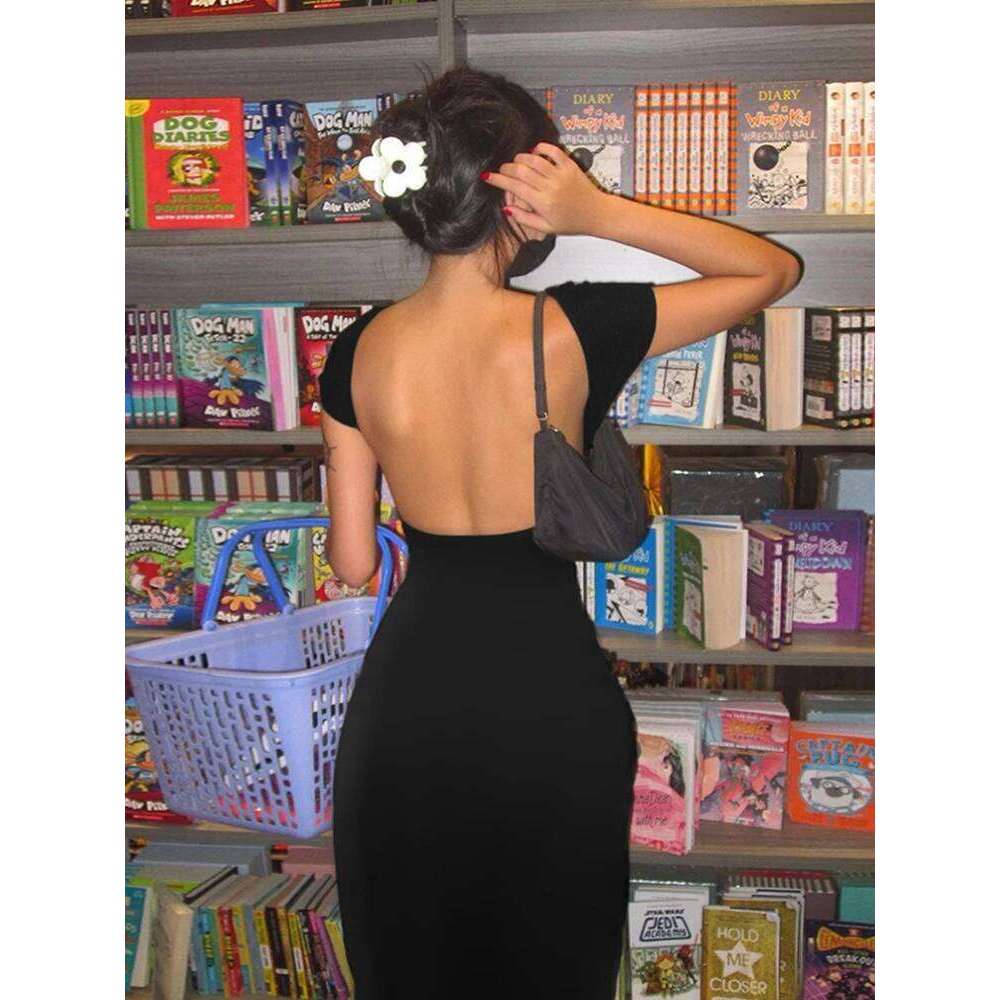 Nibber Solid Sexy Backless Maxi Dress Women Elegant Elastic Slim Short Sleeve Long Dresses Female Bodycon Streetwear Clothing