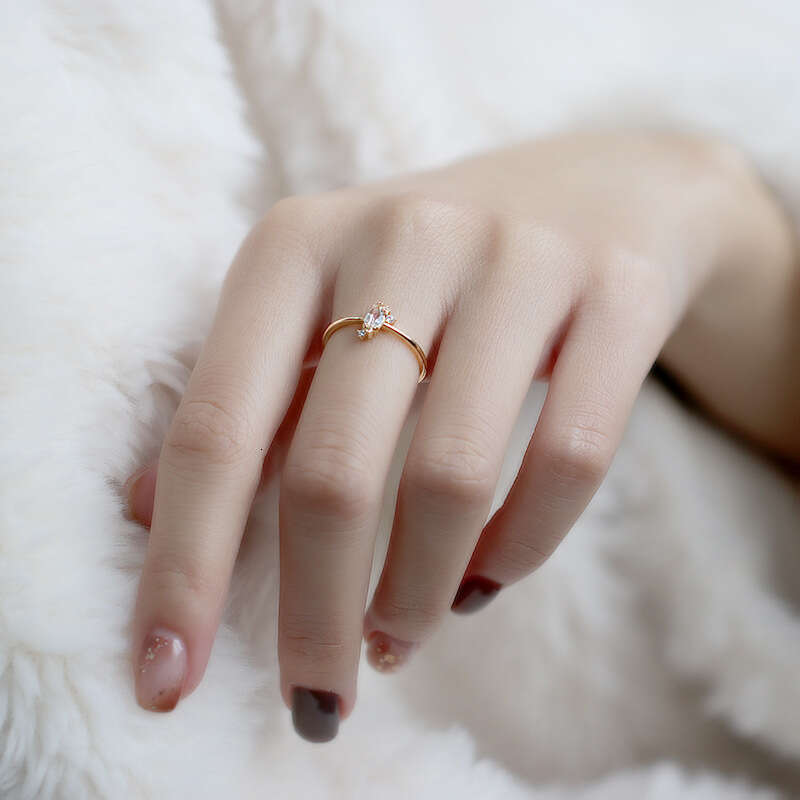 Pure Natural White Crystal Marquise Small and Simple 14K Gold Plated Minimalist Unique Light Luxury Ring