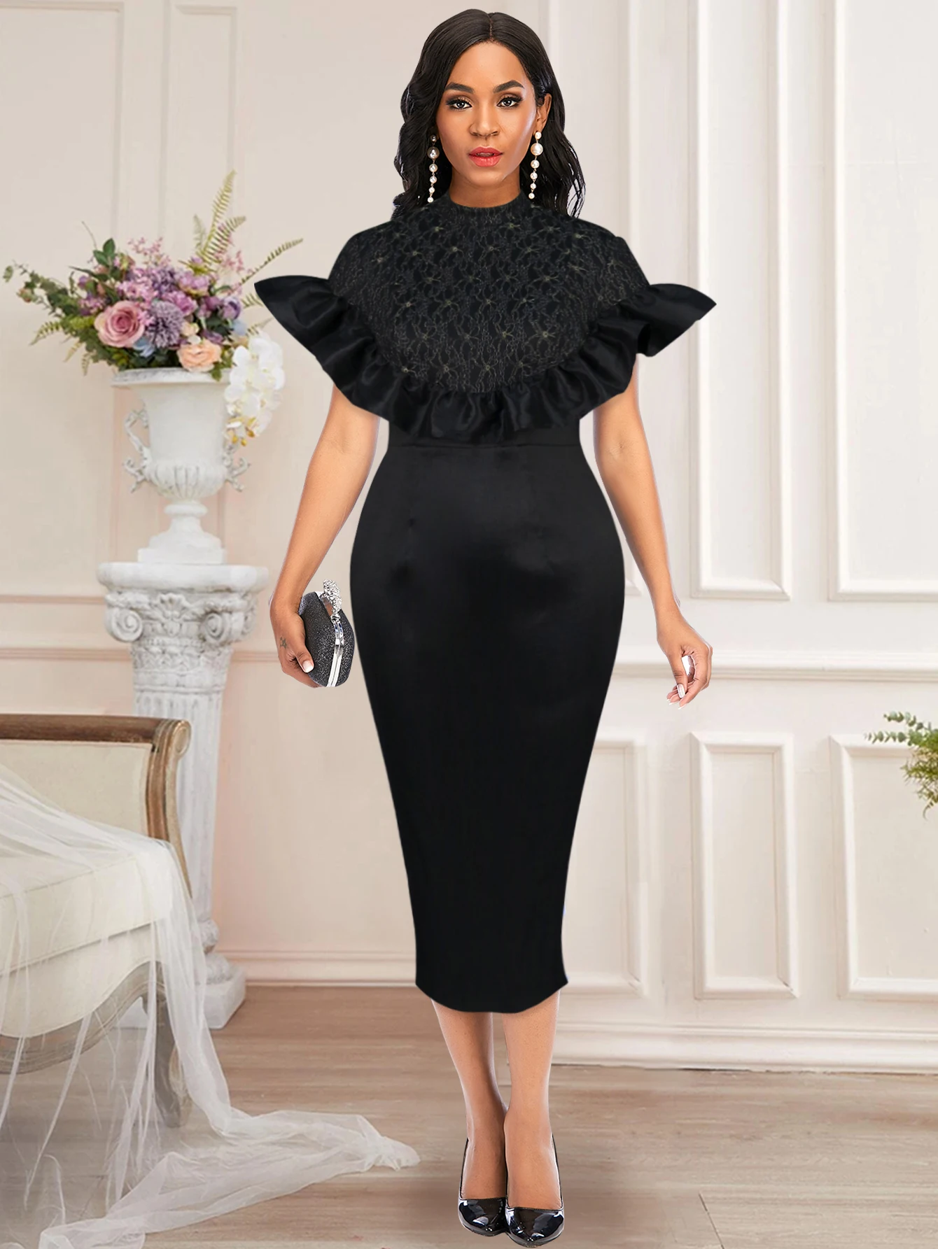 Black Vintage Dress Women's Lace Ruffles Batwing Sleeve Bodycon Evening Party Church Wedding Guest