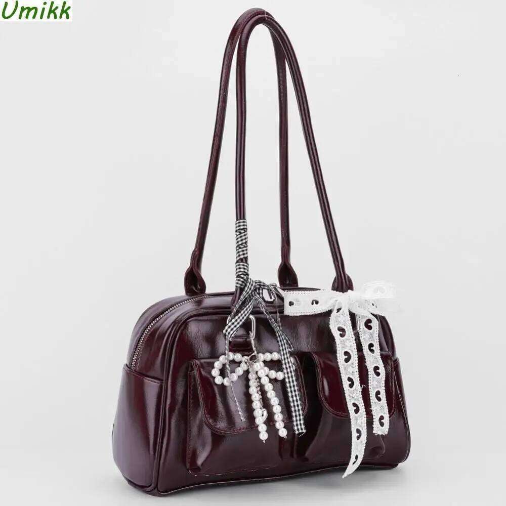 Vintage Bowling PU Leather Boston For Women Korean Version Fashion Shoulder Bag Double Pockets Handbag With Inner Pocket