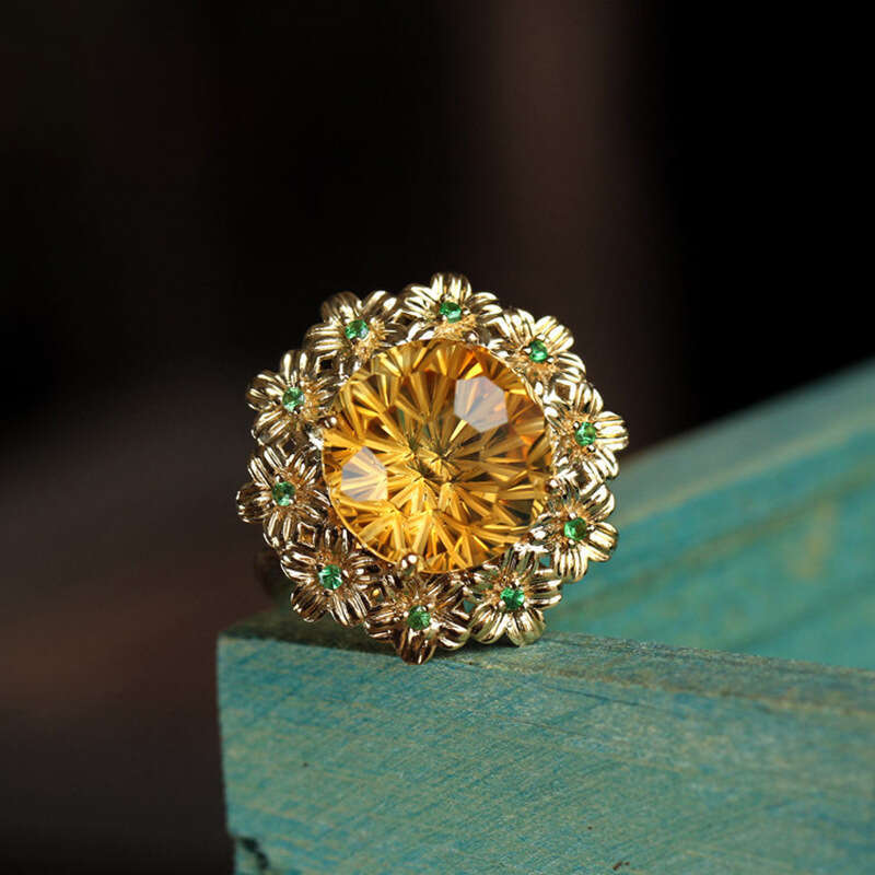 Fireworks Craft Cutting High Imitation Yellow Crystal Ice Wealth Gold Light Luxury Versatile Flower Open Ring