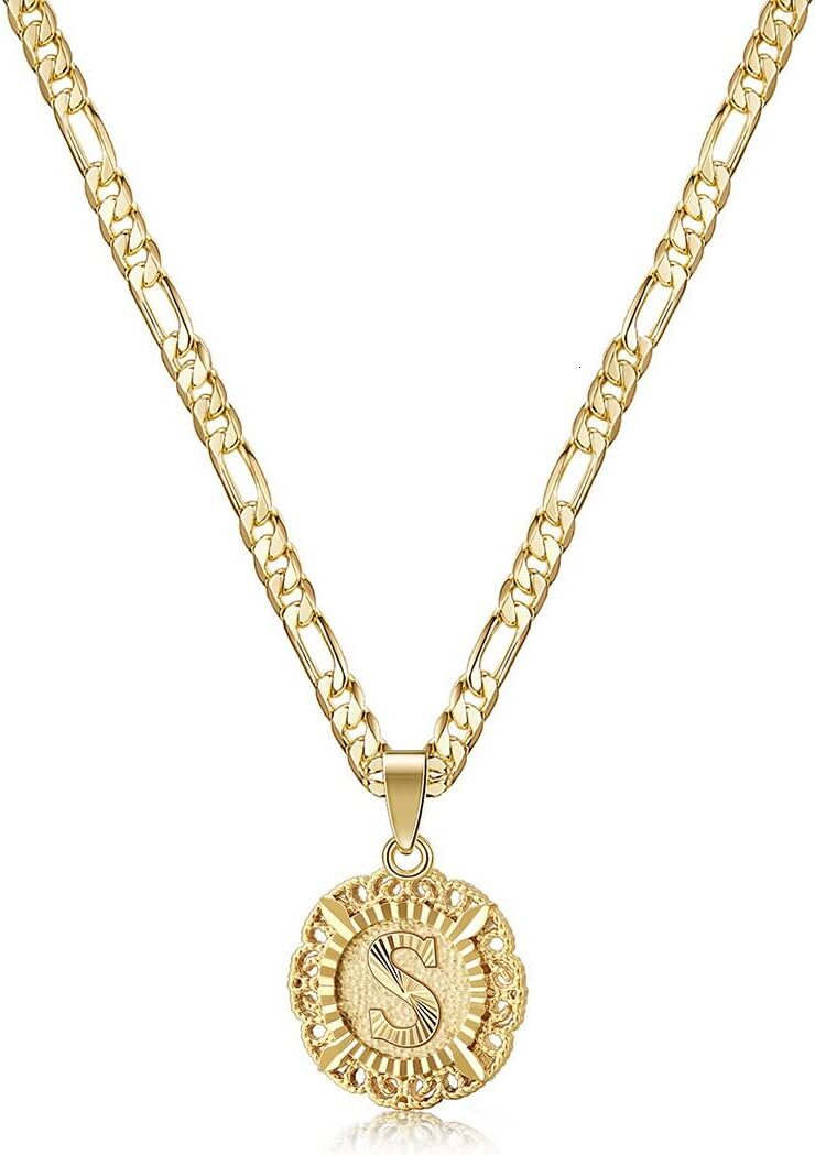 Luxury Women's 14K Gold Plated Round Letter Pendant Necklace Trendy Customizable Capital Letters A-Z Figaro Chain Premium Personalized Jewelry