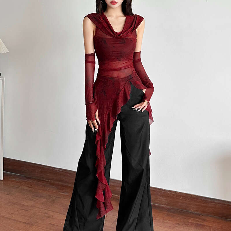 Autumn New Women's Fashion Solid Color Slim Fit Street Style Hooded Sleeveless Mesh Top B5