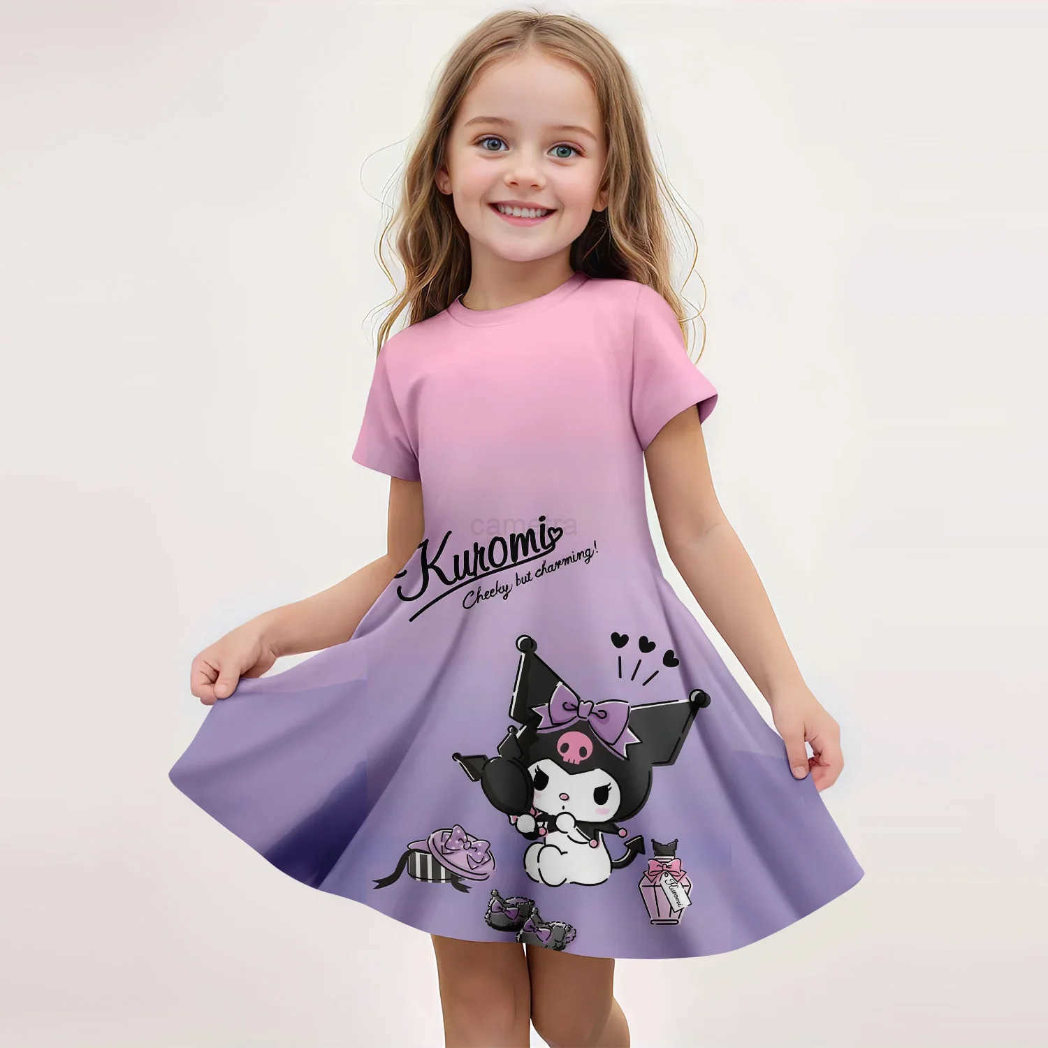 Sanrio 2025 Girl Clothes Summer Dress Fashion Comfortable Cartoon Cute Children Dresses Short Sleeve Kuromi Sanrio 3D Print NewXJ250618