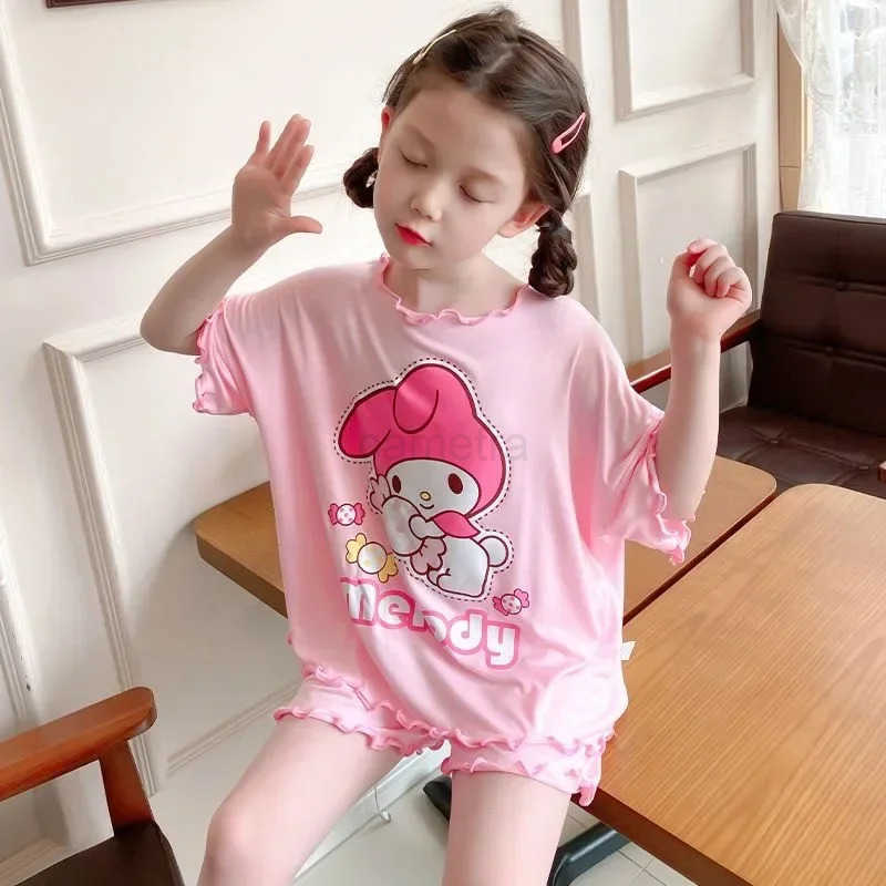 Sanrio Childrens Pajamas Girls Summer Thin Short Sleeved Cartoon Kuromi Small Medium and Tong Little Girls Baby Home Clothing Set XJ250618XJ250618