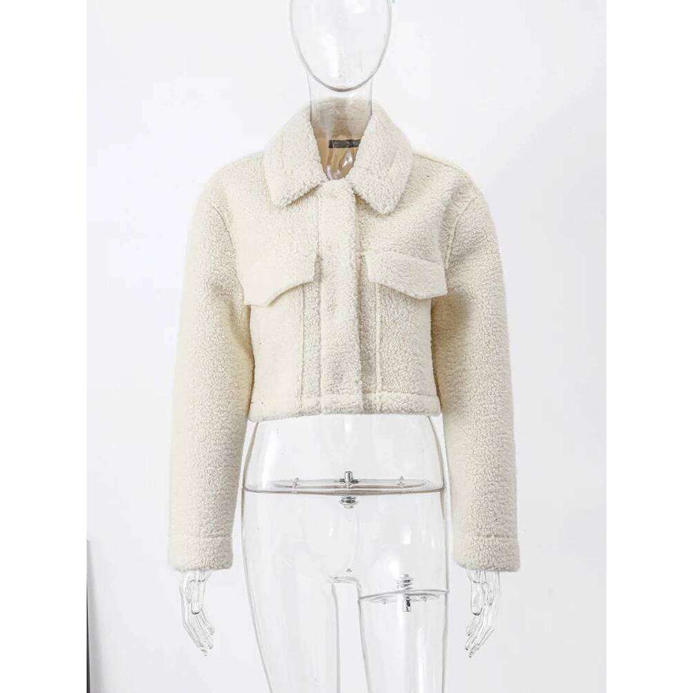 Casual Faux Lamb Wool Short Women Winter Coats 2023 Long Sleeve Turn Down Collar Pocket Autumn Jackets Female Warm Streetwear