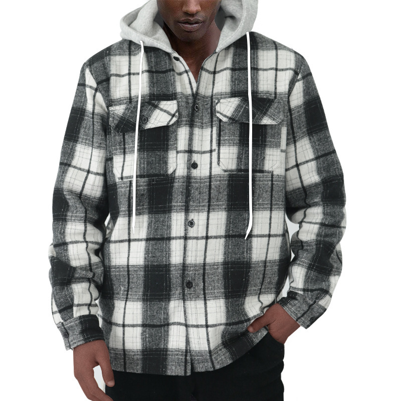 Men's long-sleeved shirts, fashionable checked T-shirts, hooded drawstring cardigans, trendy loose beach jackets European code: S-3XL