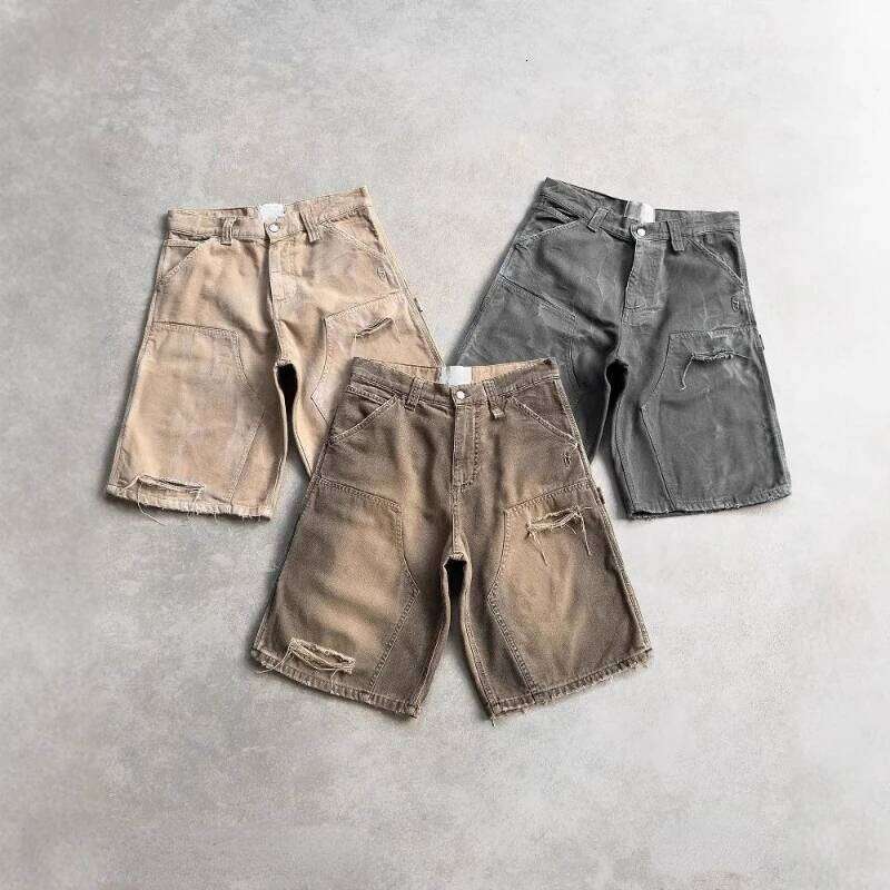 Wear Deeptown Y2k Vintage Washed Women Short Cgo Jeans Huku Hole American Style Wide Leg Man Jorts Baggy Hip Hop