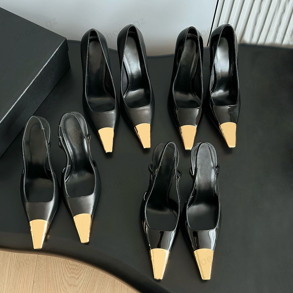 new 110mm Genuine Leather Slingback Pumps gold-tone Square pointed tip stiletto heels Slip-on women's Fashion high heeled Luxury Designers Evening Party shoes 35-42