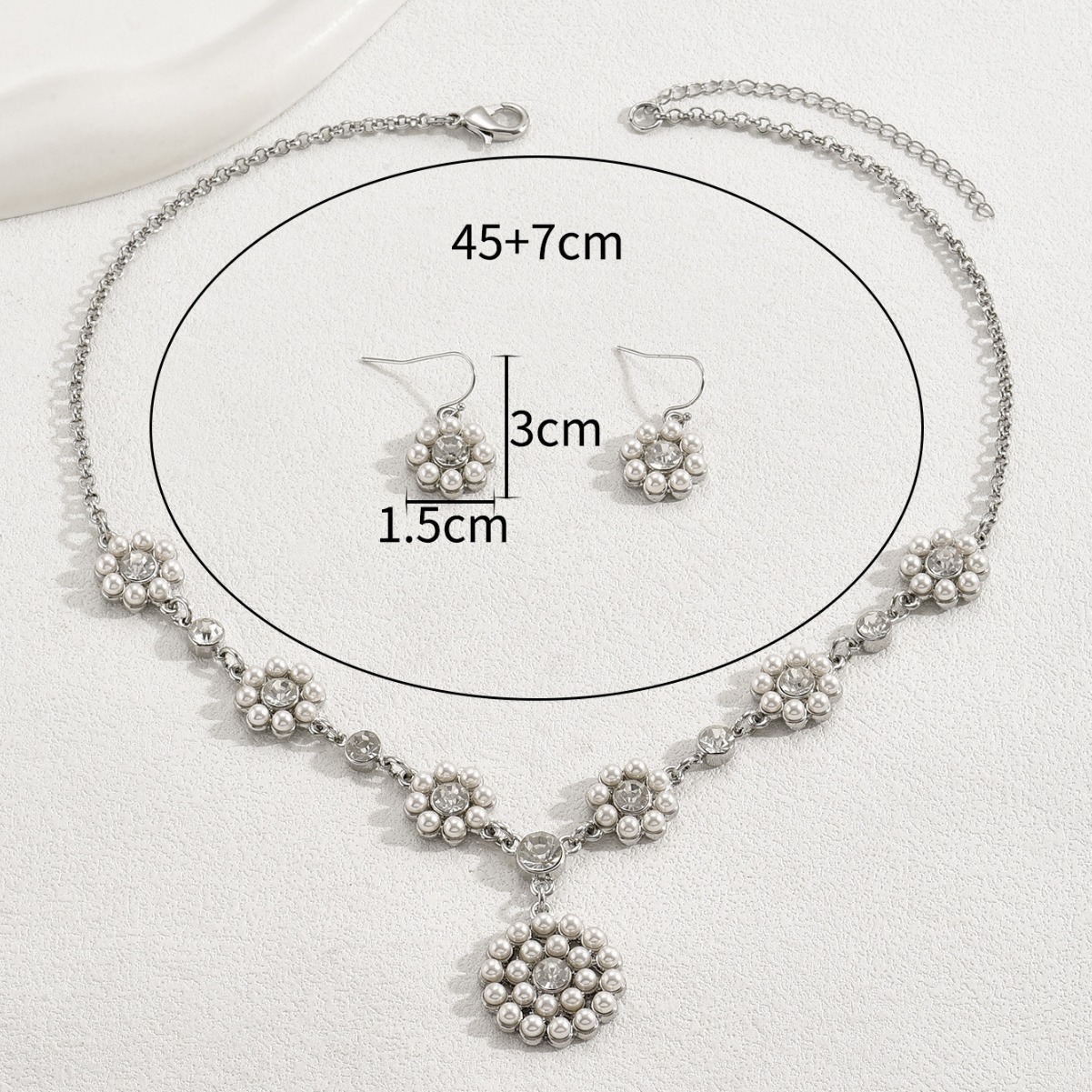 Zircon Inlaid Pearl Flower Stud Earrings Necklace Set