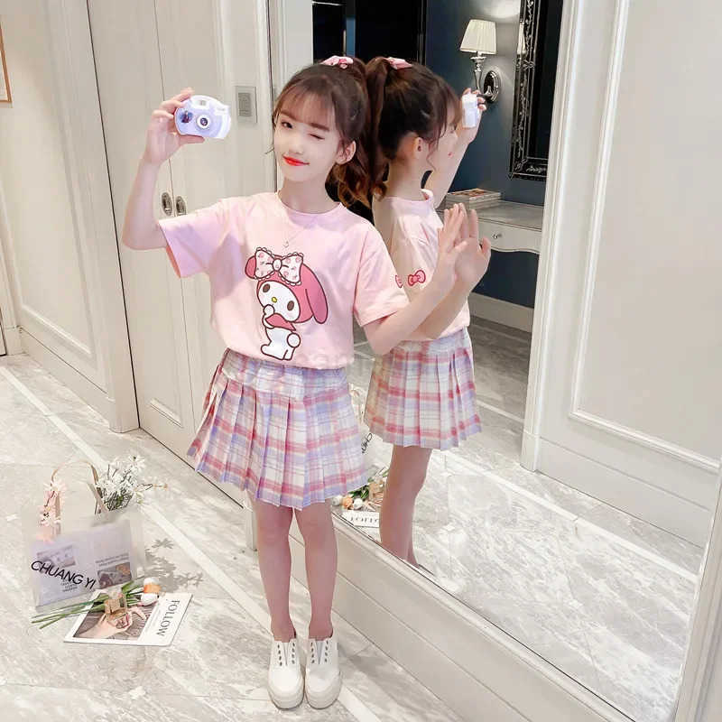Sanrio 2024 Summer Childrens Clothes Kawaii Miniso My Melody Cinnamoroll Girl T-Shirt JK Plaid Pleated Skirt Anime Cartoon Uniform Set XJ250618XJ25061