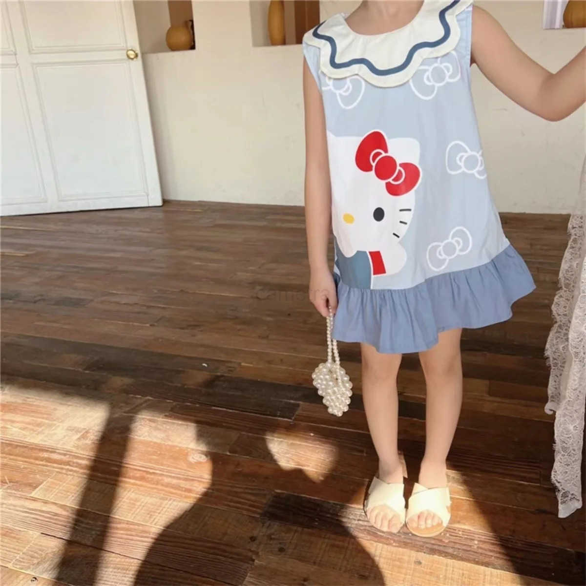 Sanrio Girls Princess Dress Children Cartoon My Melody Hello Kitty Petal Collar Dresses 2025 Summer Kids Sweet Cute Vest Skirt ClothesXJ250618