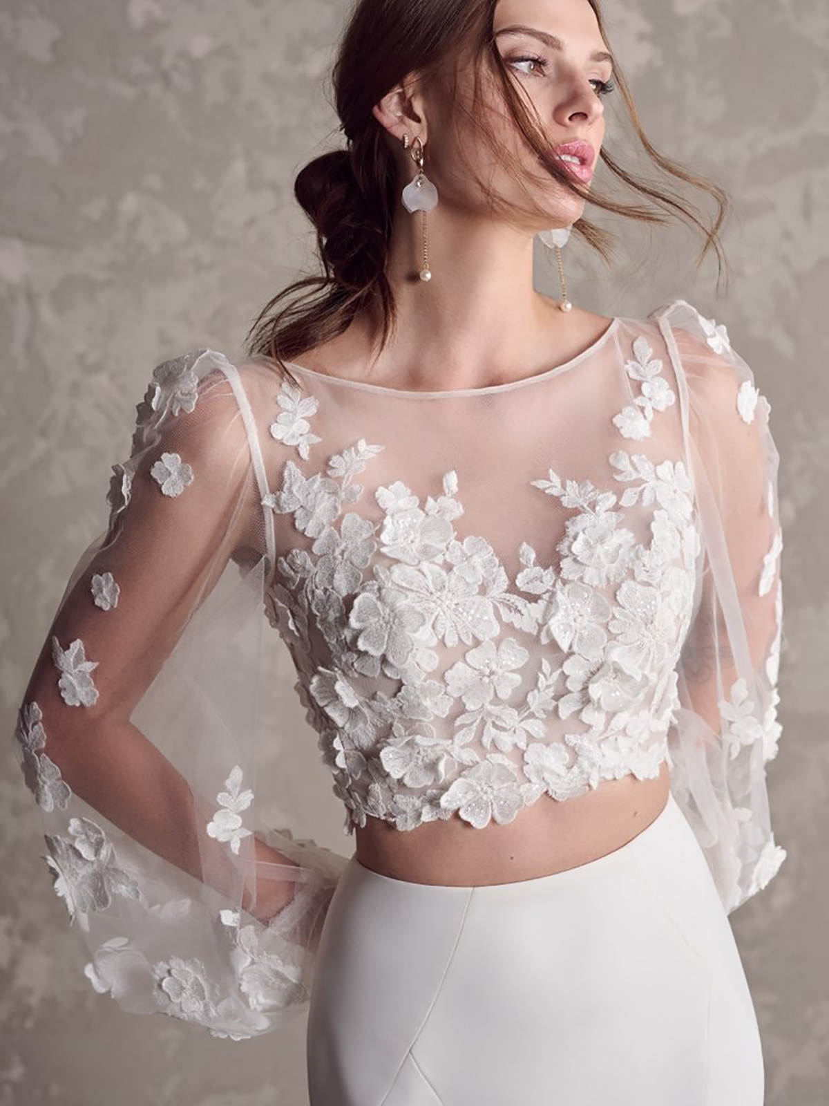 Exquisite Two Piece Mermaid Wedding Dress Illusion Tulle Applique Long Sleeve and Chiffon Bridal Scoop Neck Custom Made Gowns