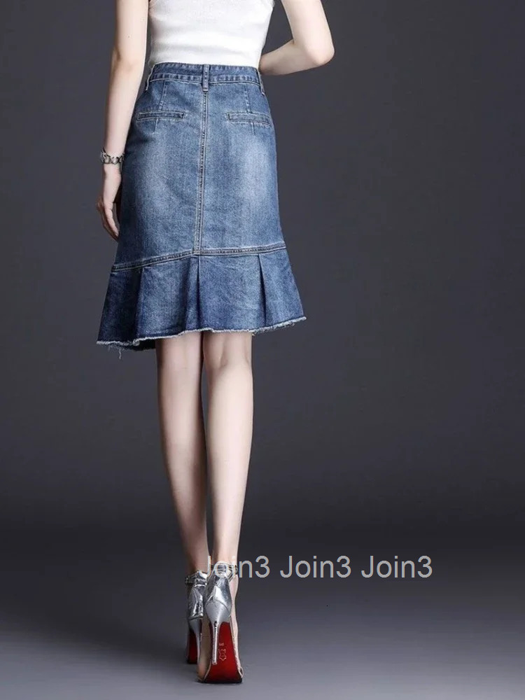 With Pocket Ruffle Womens Denim Skirt Zipper Blue Midi Chubby To Knees Length Female Jeans Skirts High Waist Y2k Vintage Cheap