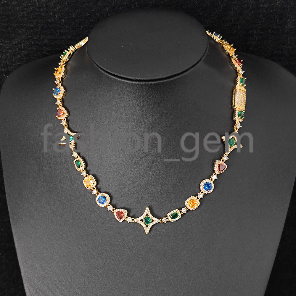 New Arrival Colorful Gemstone Chain for Women 18K Gold Plated Colored moissanite Geometry Motif Link Necklace Hip Hop Jewelry