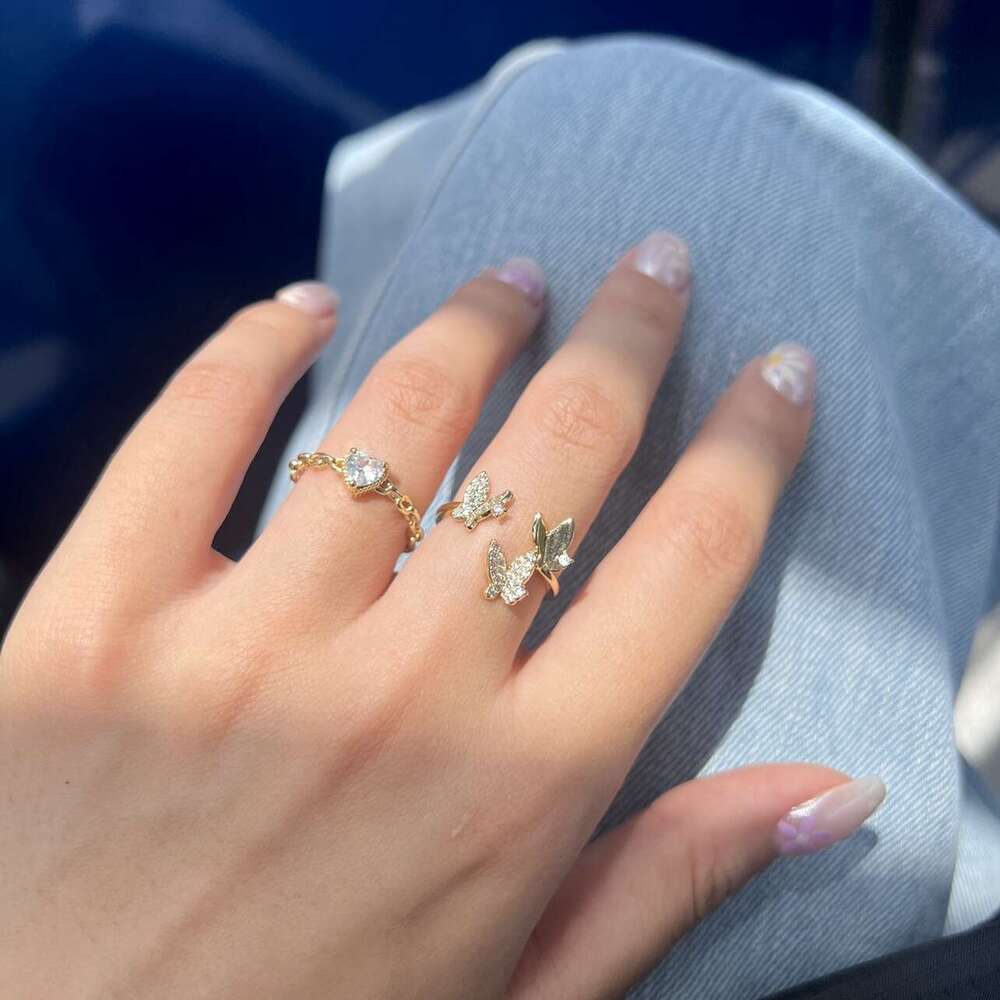 New Heart-Shaped White Zircon Great Wall Pattern Shiny Chain Adjustable Heart Ring Light Luxury Versatile Niche Design