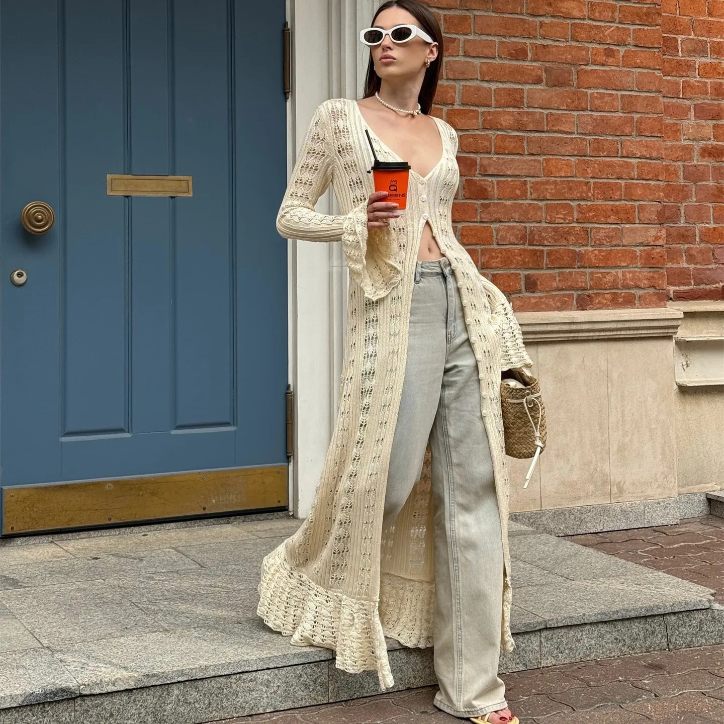 hirigin Button Front Long Sleeve Sheer Open-knit Long Cover-up Jacket Women Autumn Beach Vacation Outfit Maxi Cardigan 250617