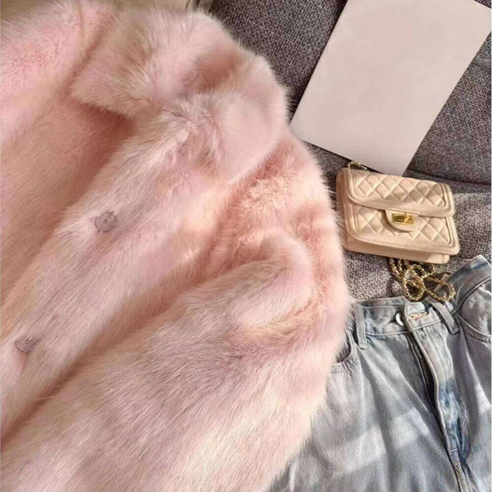 Winter CUTE Pink Turn down Lapel Hairy Shaggy Faux Fur Coat Women Covered Buttons Full Sleeve Furry Warm Jacket Short Outerwear