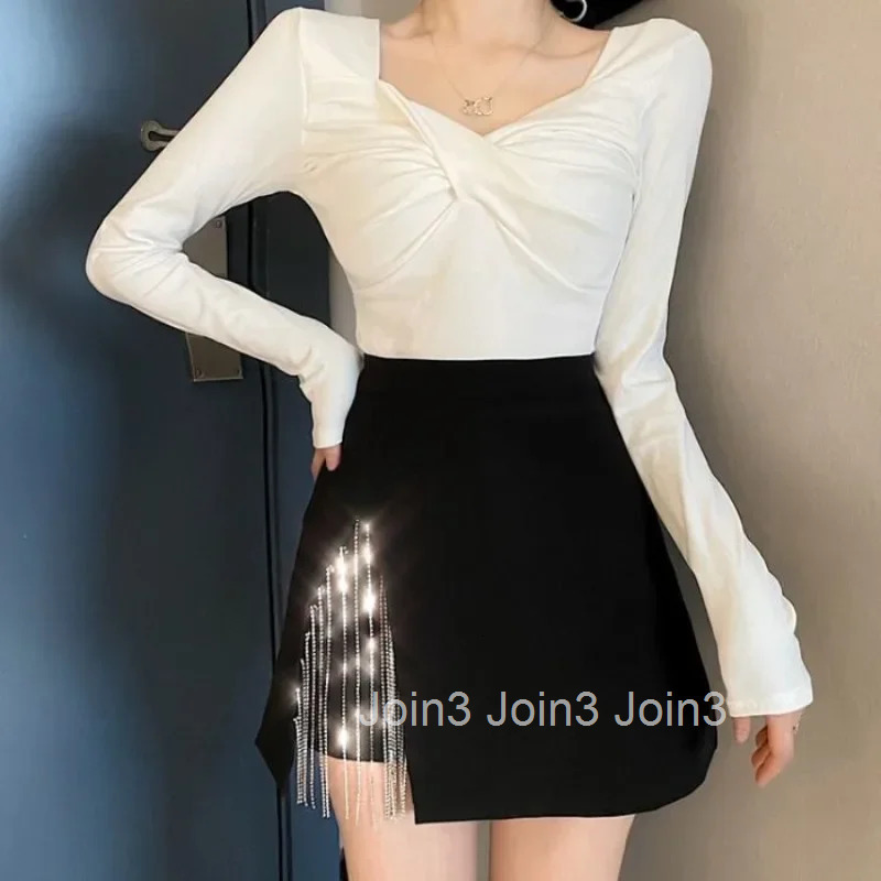 Black Short Tight Fringe Woman Skirt Wrap Mini Zipper with Slit A Line Harajuku Clothing Sales V Korean Style Skirts for Women