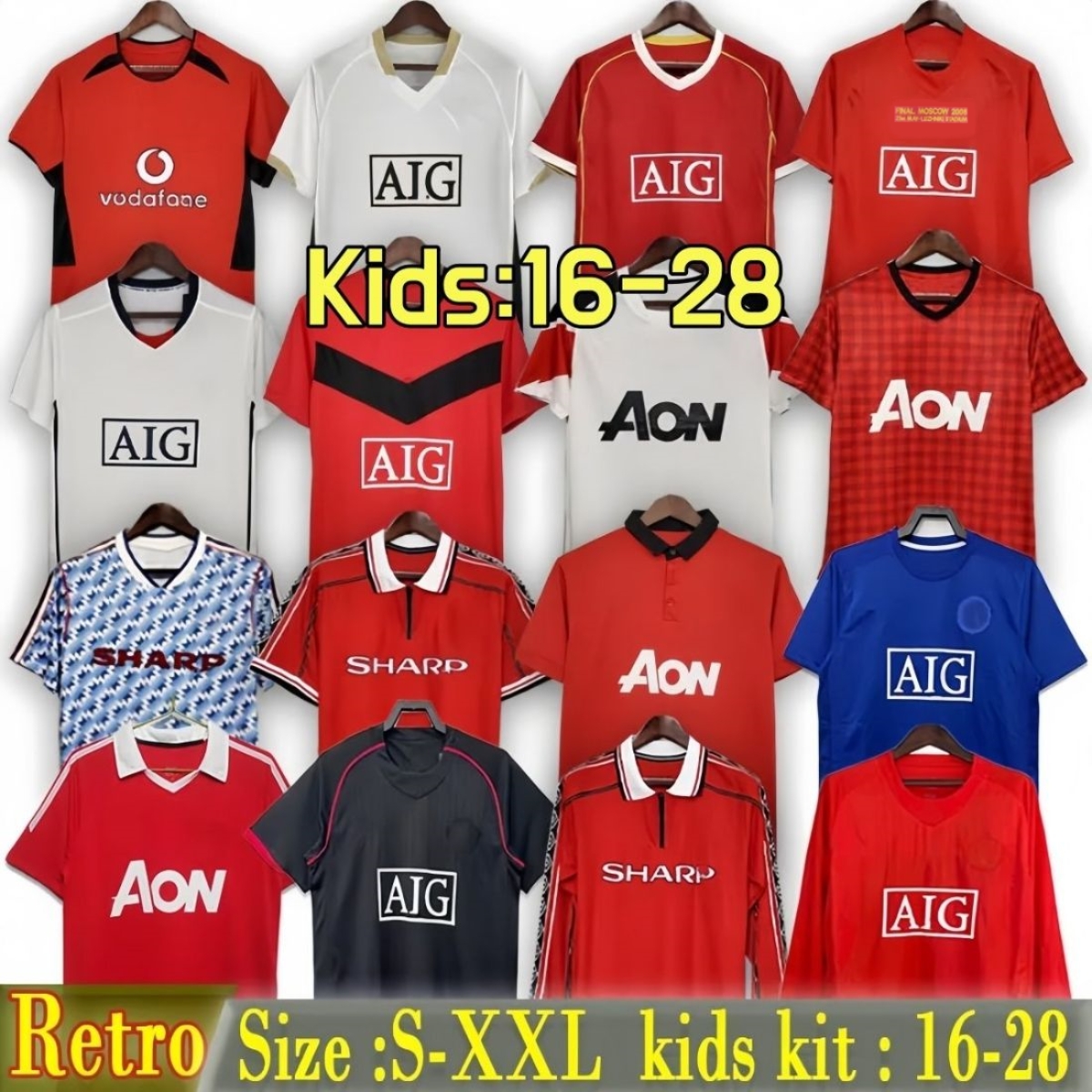 2007 2008 Retro kids Soccer Jerseys Ronaldo Rooney Nani 2002 06 09 Giggs Scholes Tevez BERBATOV VIDIC KEANE 90 92 93 94 96 1998 1999 SCHOLES Football 16-28