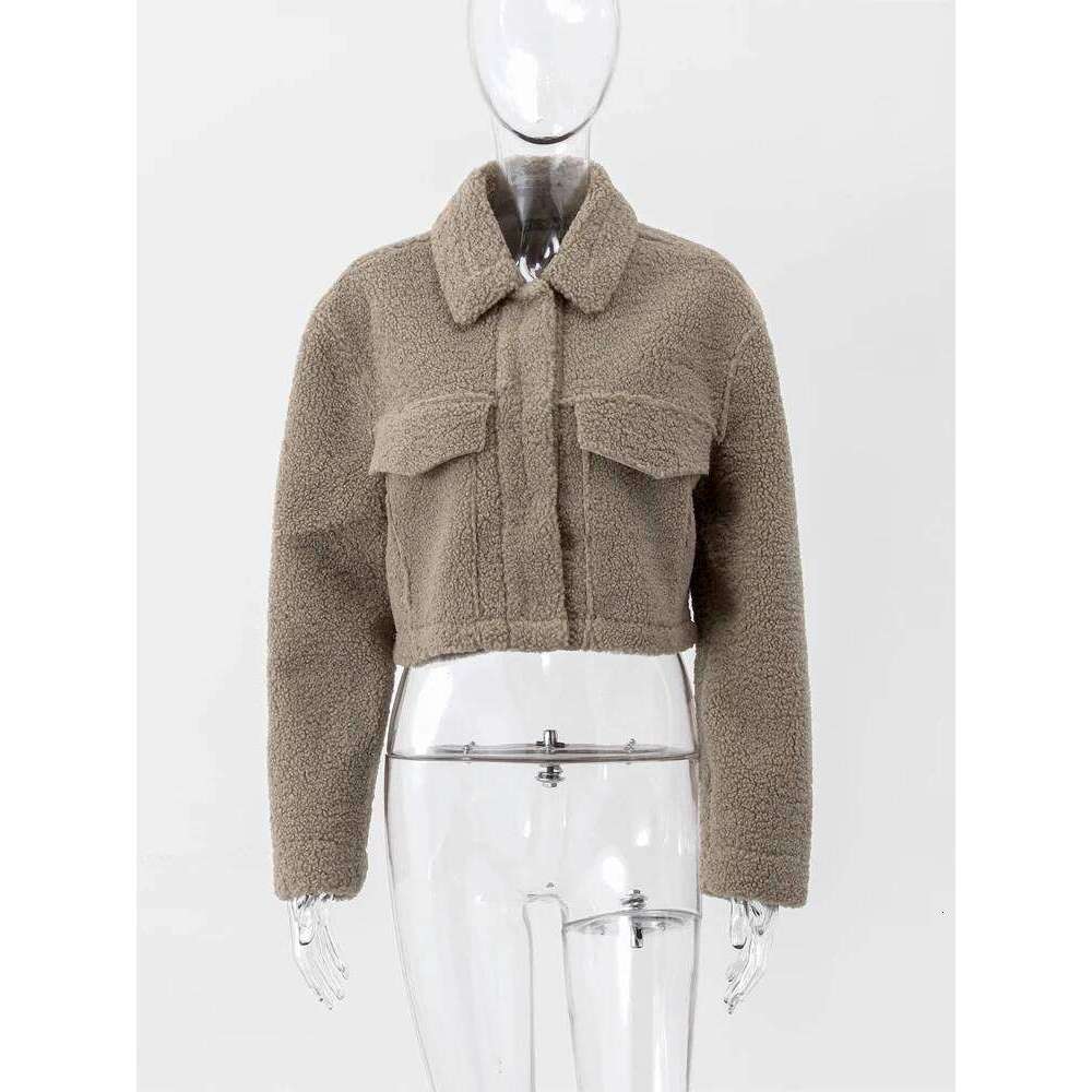 Casual Faux Lamb Wool Short Women Winter Coats 2023 Long Sleeve Turn Down Collar Pocket Autumn Jackets Female Warm Streetwear