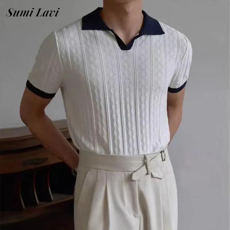Summer Casual Mens Knitting Tops Vintage Slim Short Sleeve Polo Neck Shirts Men Daily Leisure Contrast Color Patchwork Polo 250618