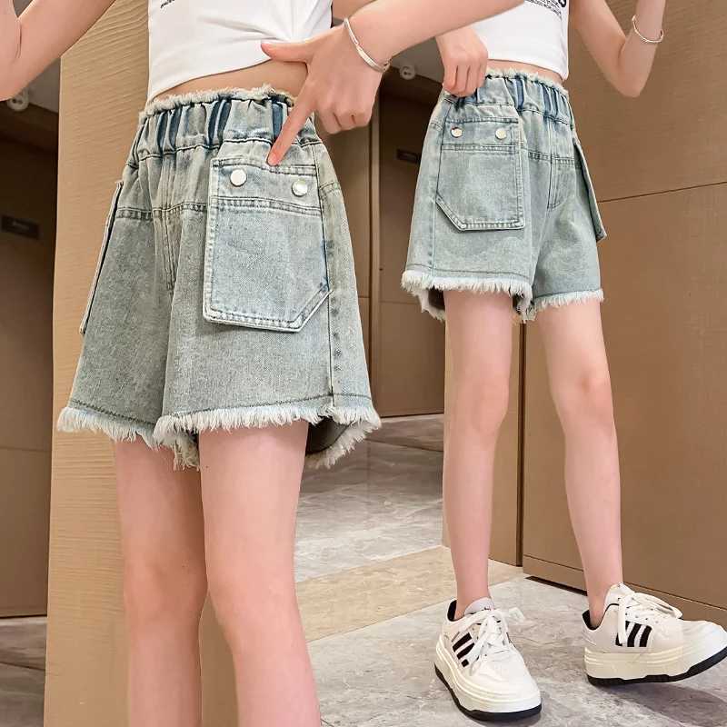 Girls summer big pocket breasted shorts 2025 summer new product fashion jeans casual sports shorts 5-15 years oldC250617