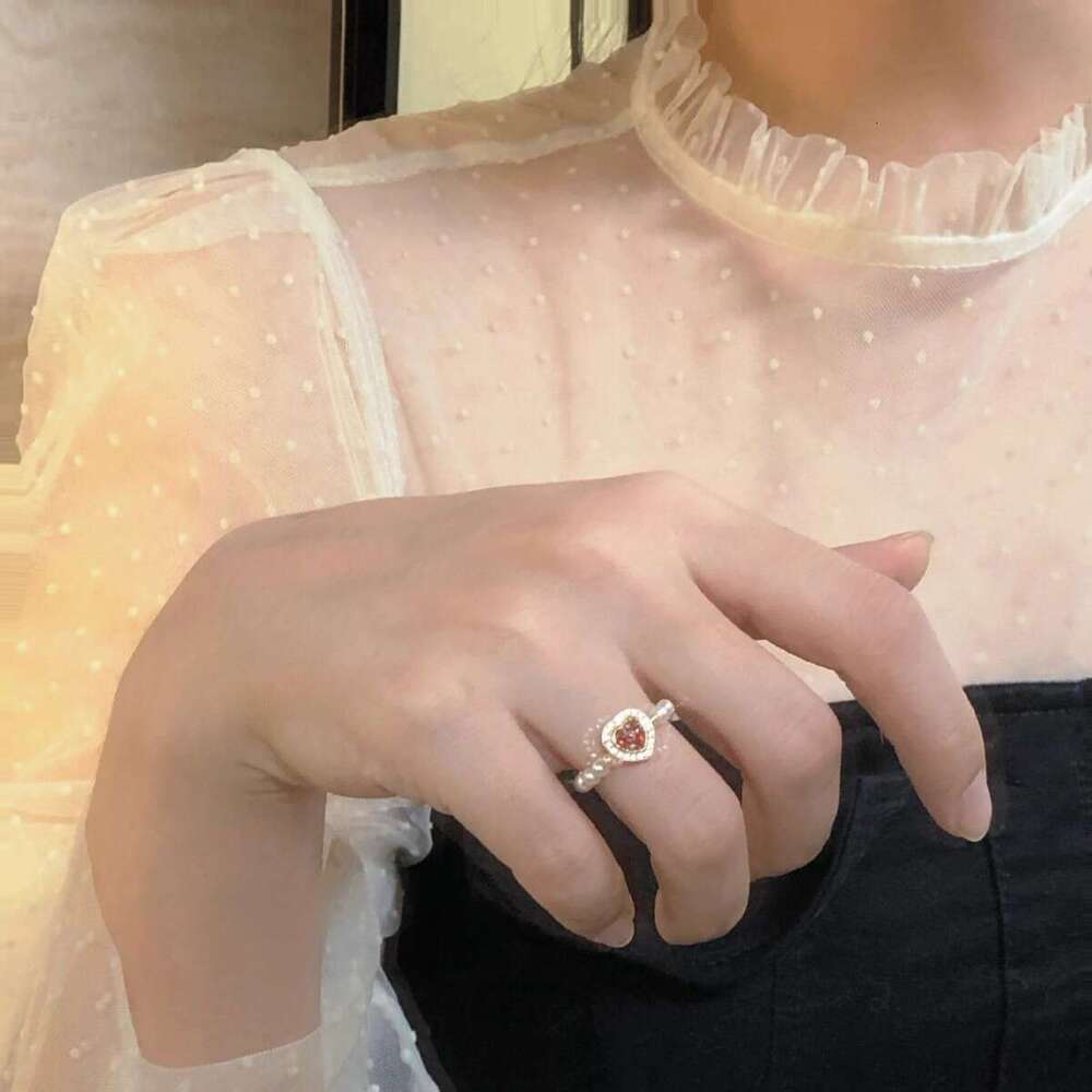 High Wine Red Garnet Heart Imitation Shijia Pearl for Women New Young Luxury High-end Elastic Rope Ring