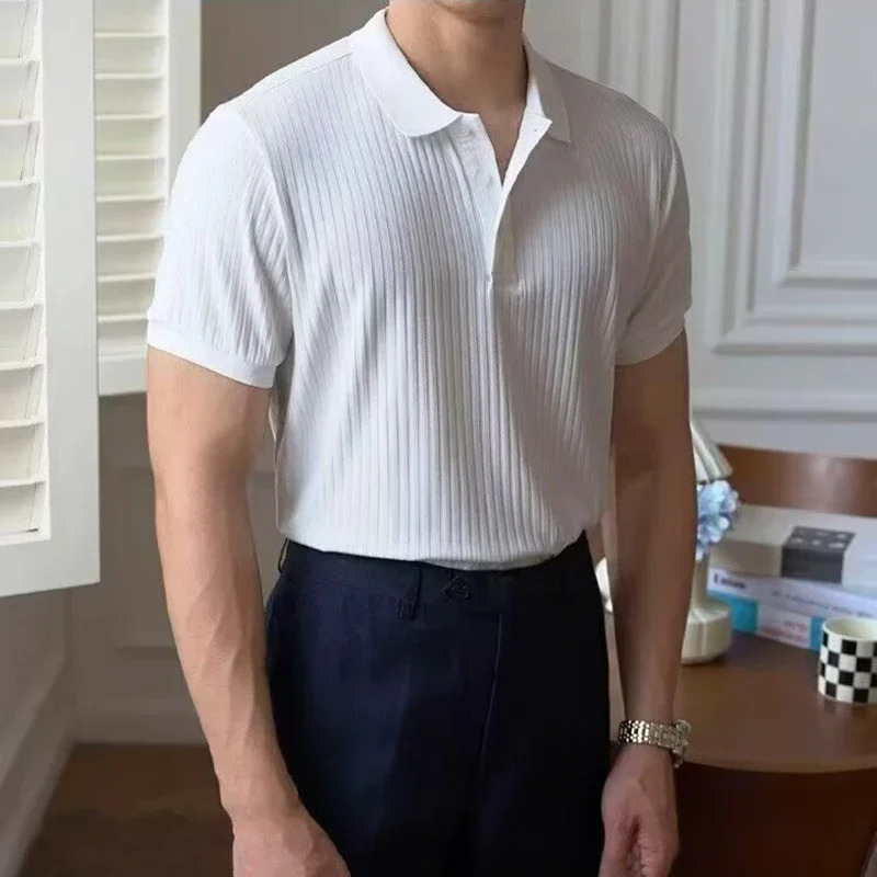 Male Casual Vintage Comfortable Lapel T-shirt Knitted Top 2025 Summer Men Trendy Striped Solid Color Short Sleeve Polo Shirt 250617