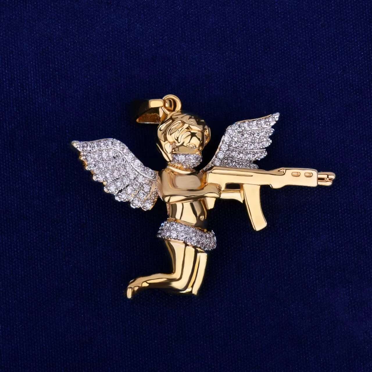 18K Gold Ak47 Guardian Angel Cherub Hip Hop Moissanite Pendant Chain Necklace
