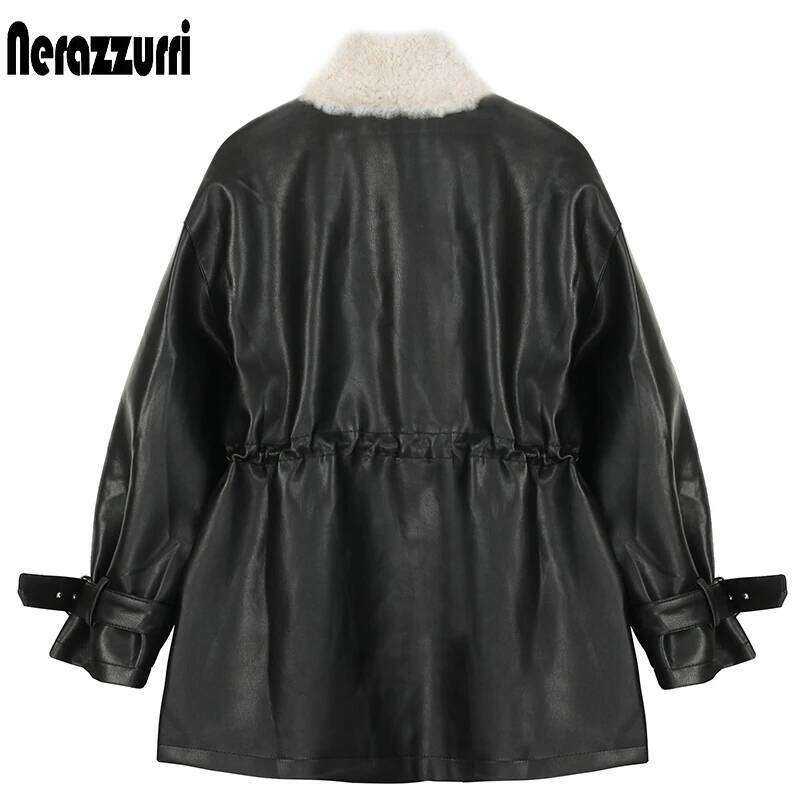 Nerazzurri Thick warm black leather jacket with inside long sleeve zipper Winter faux fur lined coats for women Fashion