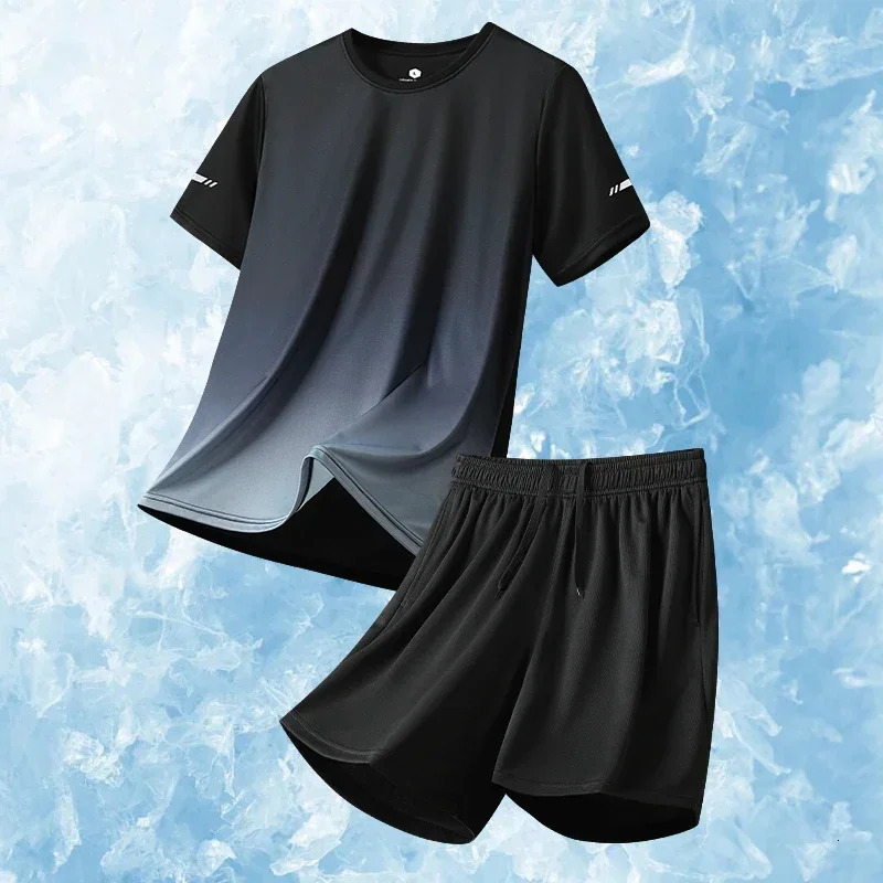 Men Running Fitness Thin Short 2-piece Set Summer Ice Silk Gradient Tracksuit Men Sports Suit Short Sleeve T Shirt Shorts Sets 250617