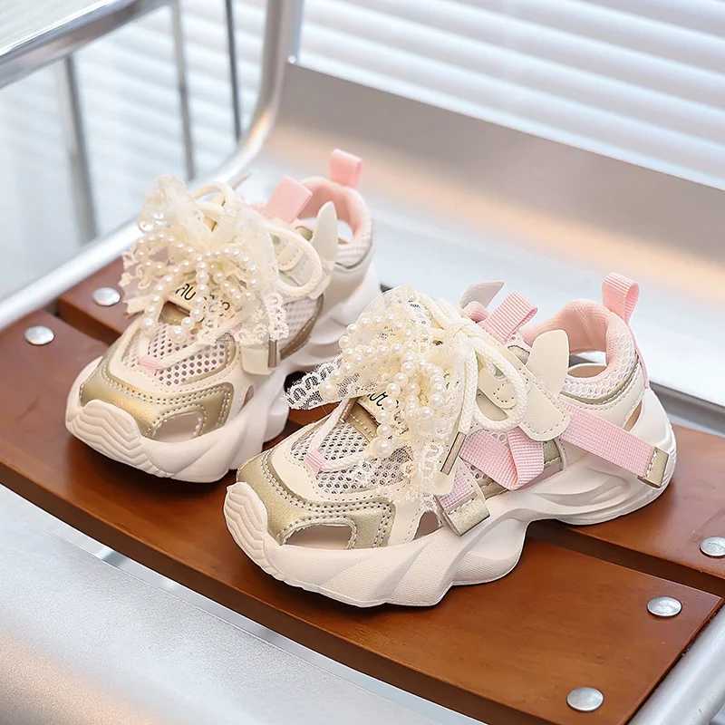 Girls Princess Shoes Mesh Breathable Kids Sports Sandals Sweet Lace Bows Beading 2025 Summer New Children Running Shoes Non-slip Z250618