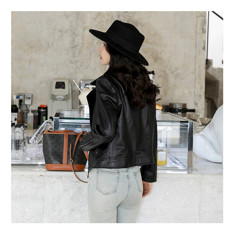 Womens Leather Jacket with Short Suit Collar - Customizable Motorcycle Style