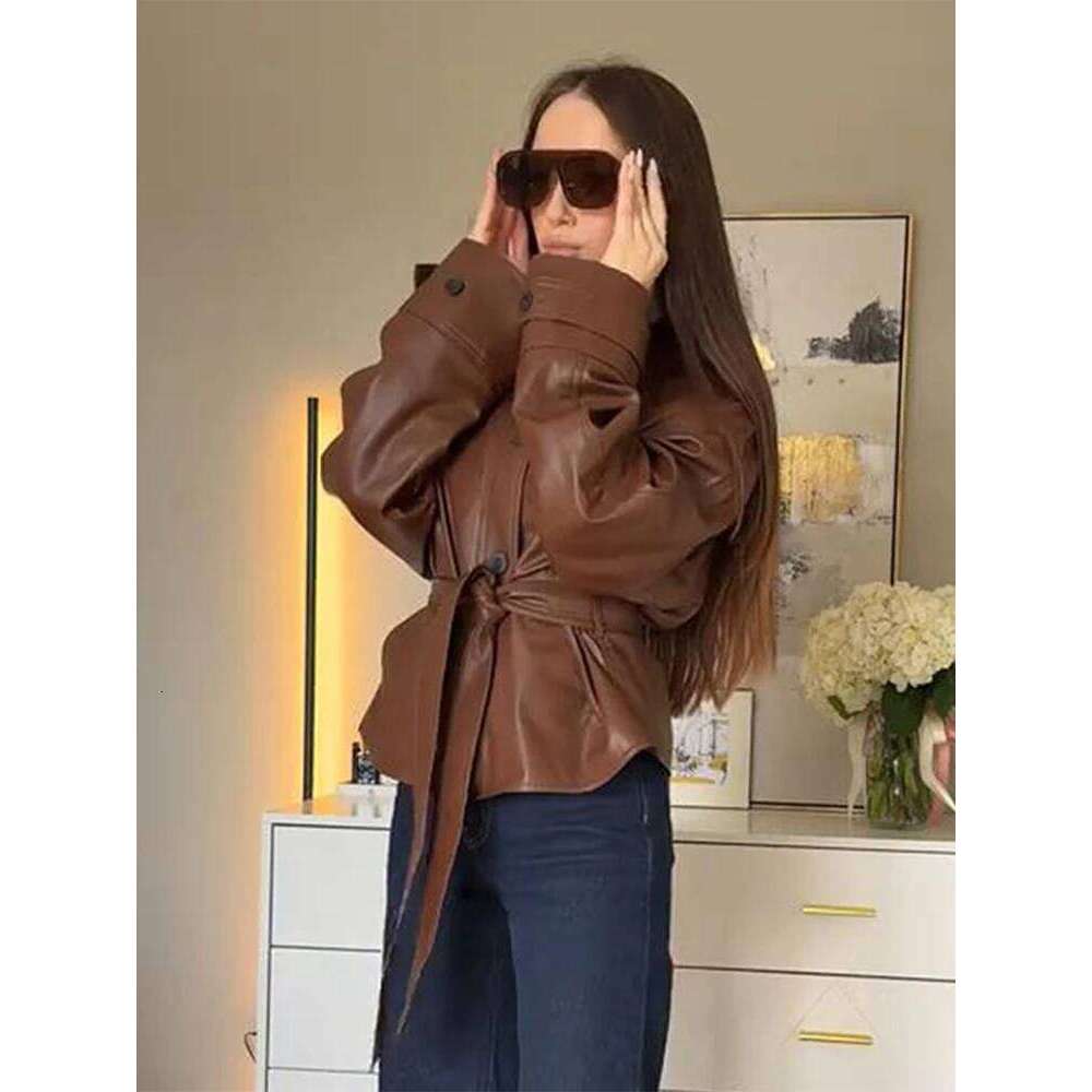 Street Brown Pu Leather Short Jacket Women Wind Loose Lapel Single Breasted Jackets Sashes Female Chic Versatile Coat