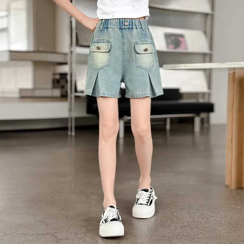 Girls summer versatile front pocket folding shorts 2025 new summer thin fashion jeans casual sports shorts 5-15 years oldC250617
