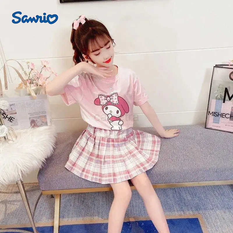 Sanrio Girl Sanrios Child Suit Summer Clothing Student Anime Round Collar T-Shirt Lattice Short Skirt Cartoon Two-Piece Set KawaiiXJ250618