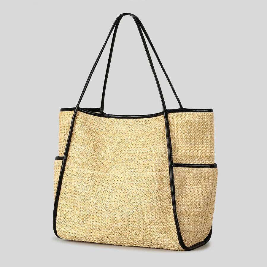 Casual Large Capacity Tote Bag PP Straw Women Shoulder Bags Weave Sumnmer Beach Handbags Multiple Pockets Big Bali Shopper Purse